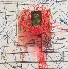 Hermann Nitsch, Oswald von Wolkenstein, 2019, lithograph, etching, collage on action painting (Schüttbild) on paper; framed