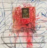 Hermann Nitsch, Oswald von Wolkenstein, 2019, lithograph, etching, collage on action painting (Schüttbild) on paper; framed
