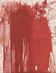 Hermann Nitsch, Untitled (Schüttbild), 1962-73, blood, oil on Hessian fabric; framed