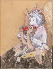 Peter Sengl, Das Königinnenbrettchen-Spiel, nach unten hin verdunkelt, 1982, mixed media on paper; unframed