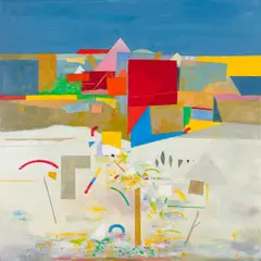 Karl Korab, Rotes Dach, 2025, mixed media on canvas; framed