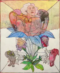 Peter Sengl, Zwei Hundevorderteilblüten Zwei Kinderkopfblüten - eine Wasserspeierbluten Gestell (Enzian-Mehlprimel), 1973, mixed media on panel; framed