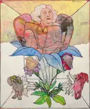 Peter Sengl, Zwei Hundevorderteilblüten Zwei Kinderkopfblüten - eine Wasserspeierbluten Gestell (Enzian-Mehlprimel), 1973, mixed media on panel; framed