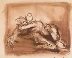 Alfred Hrdlicka, Liebespaar, 1993, brown ink, chalk, pastel, India ink wash on paper; framed