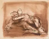 Alfred Hrdlicka, Liebespaar, 1993, brown ink, chalk, pastel, India ink wash on paper; framed