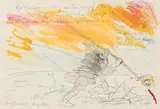 Alfred Hrdlicka, Studie zu Siegfrieds Tod (aus dem Zyklus "Nibelungentreue"), 1999, pencil, watercolour on laid paper; framed