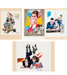 Erich Sokol, Untitled (mixed lot of four caricatures), mixed media on cardboard; unframed