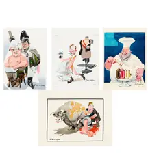 Erich Sokol, Untitled (mixed lot of four caricatures), mixed media on cardboard; unframed