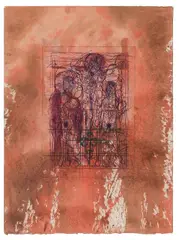 Hermann Nitsch, Untitled, 2004, etching over action painting („Schüttbild“) on laid paper; unframed