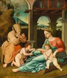 Marcellus Coffermans, The Holy Family with the Infant Jesus and Young John, oil on panel; framed