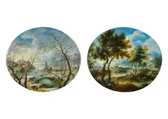 Vittorio Amedeo Cignaroli, Summer and Winter Riverscapes (counterparts), oil on copper; framed