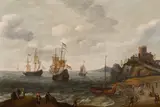 Isaac Willaerts, Coastal Scene with Ships and Fishermen, oil on panel; framed