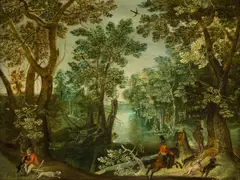 Alexander Keirincx, Forest Scene with Lake, oil on panel; framed