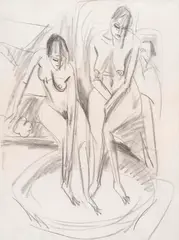 Ernst Ludwig Kirchner, Badende im Tub, Ca. 1914, Black Chalk drawing