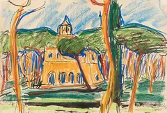 Erich Heckel, Villa Borghese in Rom, 1909, Color chalks over India Ink drawing