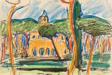 Erich Heckel, Villa Borghese in Rom, 1909, Color chalks over India Ink drawing