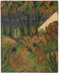 Otto Mueller, Badende am Waldsee, Um 1919, Glue-bound distemper on burlap