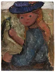 Paula Modersohn-Becker, Sitzendes Mädchen mit blauem Hut und Blume in der rechten Hand, Um 1903, Oil on cardboard