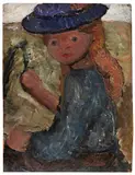 Paula Modersohn-Becker, Sitzendes Mädchen mit blauem Hut und Blume in der rechten Hand, Um 1903, Oil on cardboard