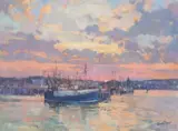 Ronald Togneri, POINT OF SUNSET, CAMPBELTOWN HARBOUR, oil on canvasboard