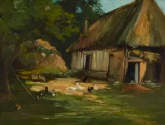 Robert Noble, CHICKENS IN A FARMYARD, oil on canvas