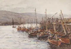 Robert Weir Allan, FISHING BOATS MOORED BY A PIER, watercolour