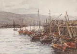 Robert Weir Allan, FISHING BOATS MOORED BY A PIER, watercolour