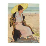 Edmond-Edouard Lapeyre, FEMME AU KIMONO ET PARASOL JAUNE SUR LA PLAGE, oil on board