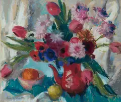 Lena Alexander, RED COFFEE POT WITH FLOWERS, pastel
