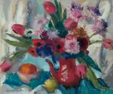 Lena Alexander, RED COFFEE POT WITH FLOWERS, pastel