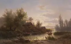 Albert Reigner, RIVER LANDSCAPE WITH FIGURES IN A BARGE, oil on panel