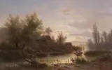 Albert Reigner, RIVER LANDSCAPE WITH FIGURES IN A BARGE, oil on panel