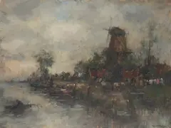 Theodorus van Oorschot, WINDMILL BY THE BANKS, oil on canvas