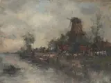 Theodorus van Oorschot, WINDMILL BY THE BANKS, oil on canvas