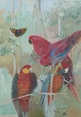 Brenda Lenaghan, RED PARROTS, mixed media on paper