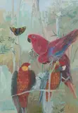 Brenda Lenaghan, RED PARROTS, mixed media on paper
