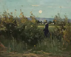 William Page Atkinson Wells, FIGURE AMONGST THE HEDGEROW, DUSK, oil on canvas