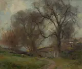 William Miller Frazer, WOODLAND BY FARM COTTAGES, oil on canvas
