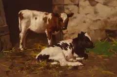 David Gauld, CALVES BY A STABLE DOOR, oil on canvas