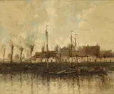 William Alfred Gibson, A BUSY DUTCH CANAL SCENE, oil on canvas