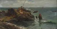 William Bradley Lamond, FISHING FROM THE ROCKS, oil on board