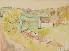 George Leslie Hunter, COTTAGES, FIFE, pen and ink and watercolour