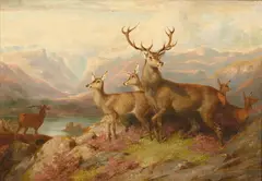 James Giles, STAGS AND DEER ON A MOUNTAINSIDE, oil on canvas
