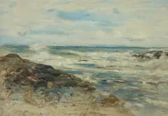 William McTaggart, CHILDREN ON ROCKS BY THE SEA, oil on canvas