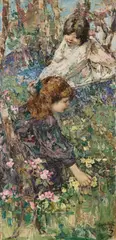 Edward Atkinson Hornel, PICKING PRIMROSES, oil on canvas