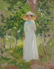 Francis Cadell, JEAN CADELL AMONG TREES, oil on board