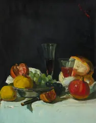 George Leslie Hunter, GRAPES, LEMONS AND POMEGRANATES IN A SILVER DISH WITH WINE GLASSES AND A LOAF OF BREAD, oil on canvas