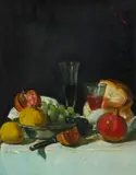 George Leslie Hunter, GRAPES, LEMONS AND POMEGRANATES IN A SILVER DISH WITH WINE GLASSES AND A LOAF OF BREAD, oil on canvas
