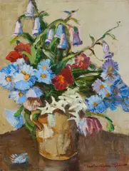 John Maclauchlan Milne, STILL LIFE OF MIXED FLOWERS, oil on canvas-board