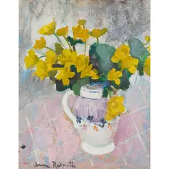 Anne Redpath, MARSH MARIGOLDS IN A WHITE JUG, oil on board